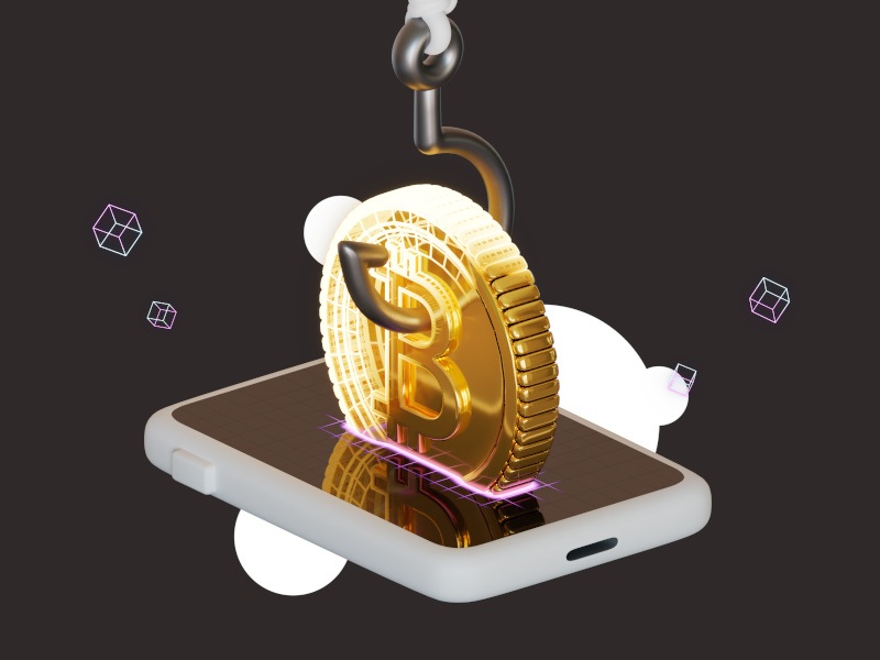 Illustration of a gold coin with the bitcoin logo on it being lifted out of a phone from a fishing hook.