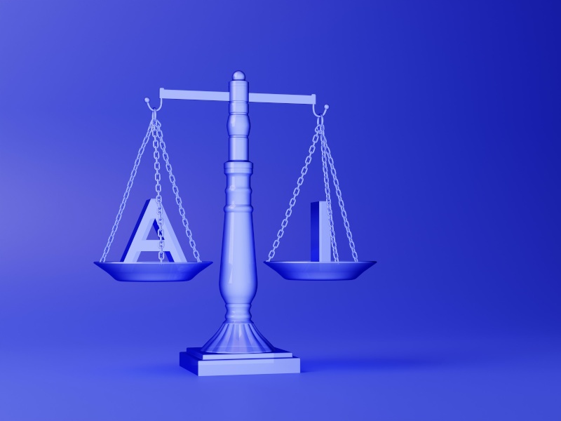 Illustration of a scales with the letters A and I on either scale. Used for the concept of AI regulation.