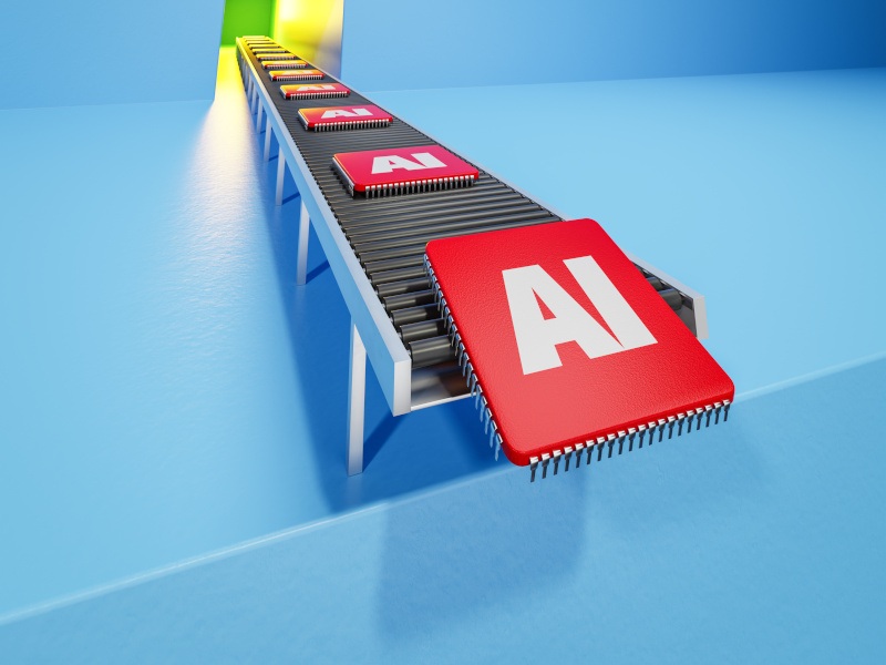 An illustration of multiple red chips with AI logos going down a conveyor belt.