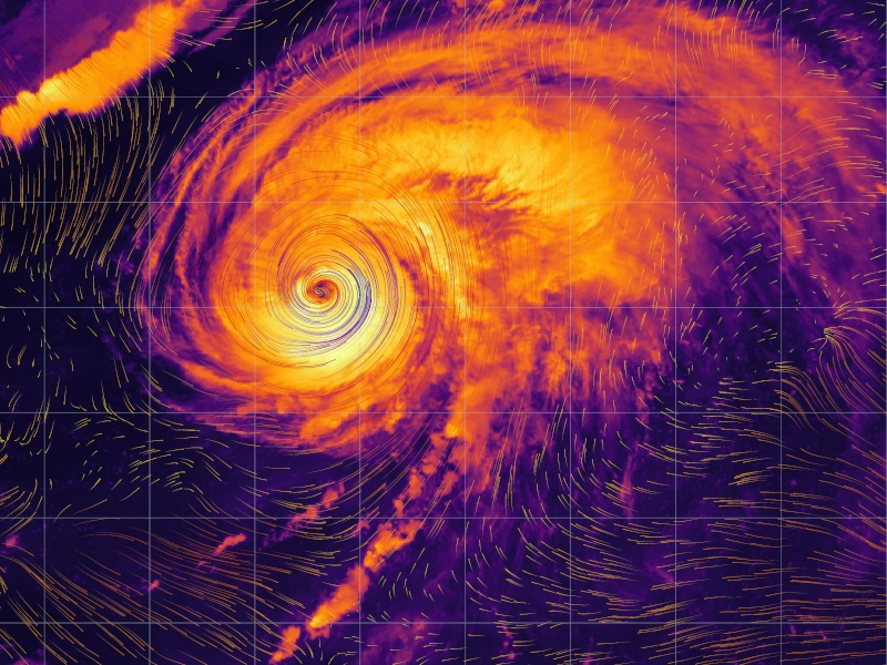 A thermal image of cyclone Fiona over a grid. The cyclone is bright orange in colour.