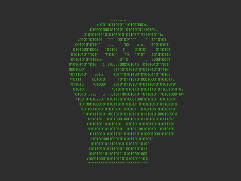 A human head made out of green code text with three cogs placed on its head.