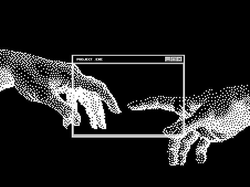 Black background, pixelated version of the hands in "the creation of Adam," with a computer window in the middle.