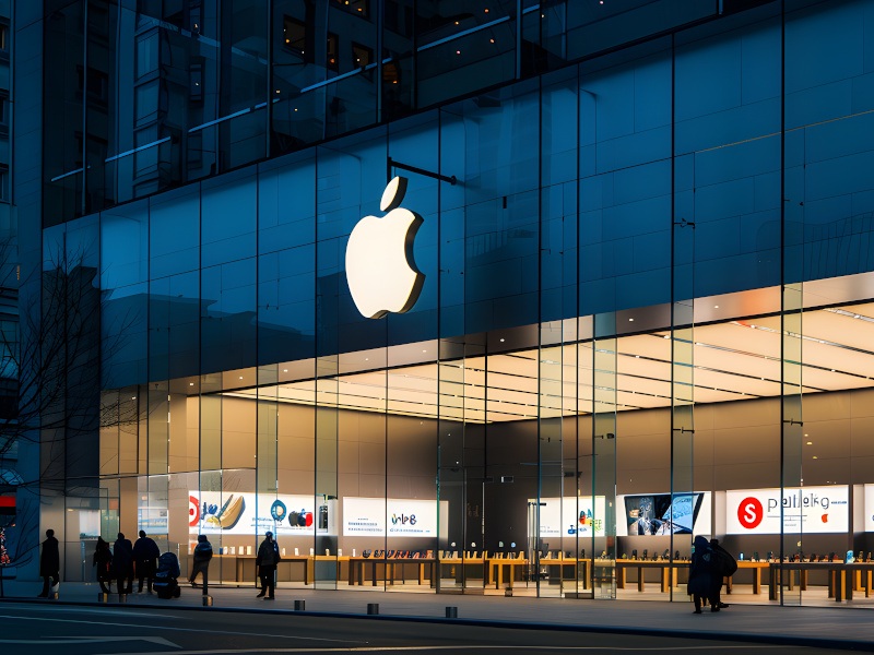 A large Apple logo on a glass building on a dusky evening with people walking in front of the building.