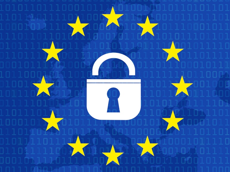 A white padlock on a blue background with a faded outline of a map of Europe with binary code layered over it. The lock is surrounded by yellow stars.