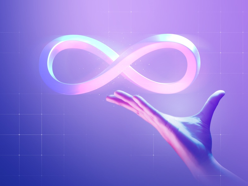 A hand holds up a purple image of the Meta logo.