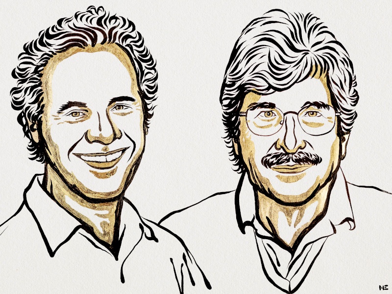 An artists’ sketch of two men. They are Nobel Prize winners Victor Ambrose and Gary Ruvkun.