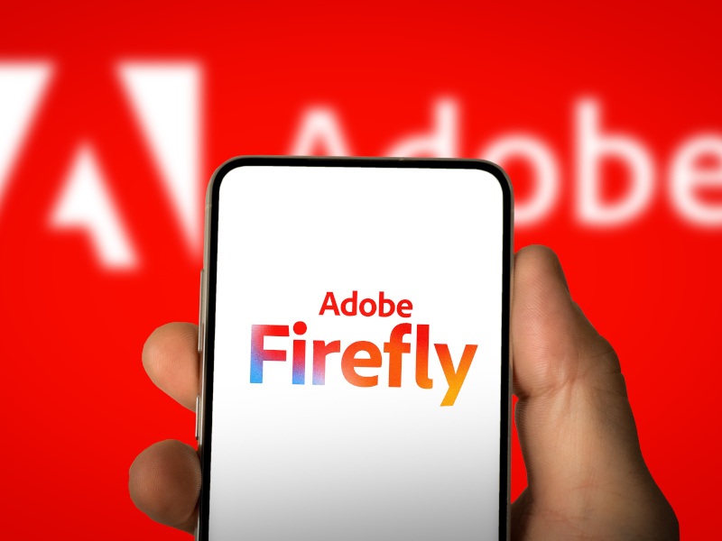 A hand holding a phone screen with Adobe Firefly on it over a background of the Adobe logo.