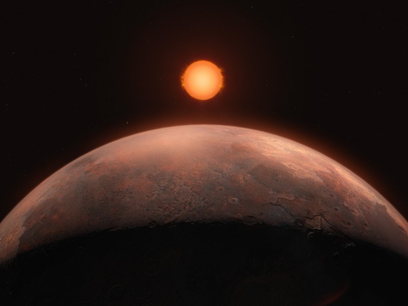 An artist's impression of Barnard b. The view is right above Barnard b's brown surface, a pitch black space and a dimly lit Barnard's star emitting orange.