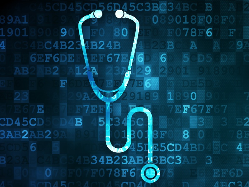 A blue digital stethoscope sits over a background of alternating numbers and letters.