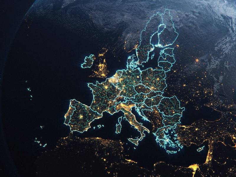 A view of Earth from space with the European Union Countries highlighted.