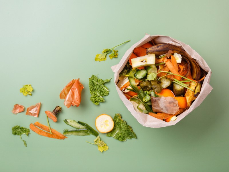 An aerial shot of a paper bag full of food waste scraps with some additional scraps scattered to the left of the bag on a green background.