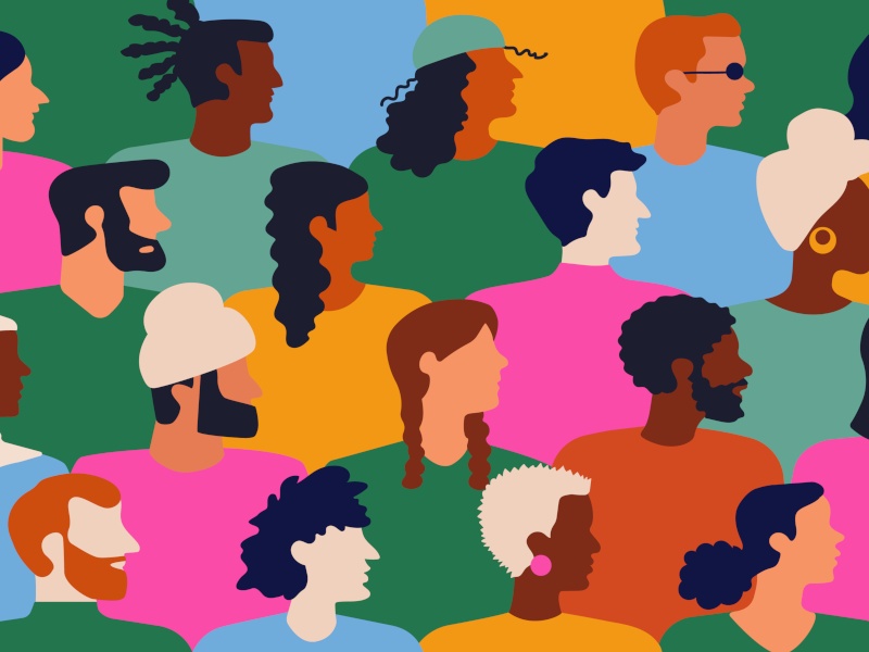 A colourful vector illustration of multicultural people in different coloured clothes.