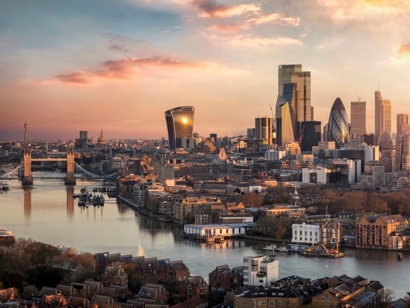 London city skyline at sunrise.