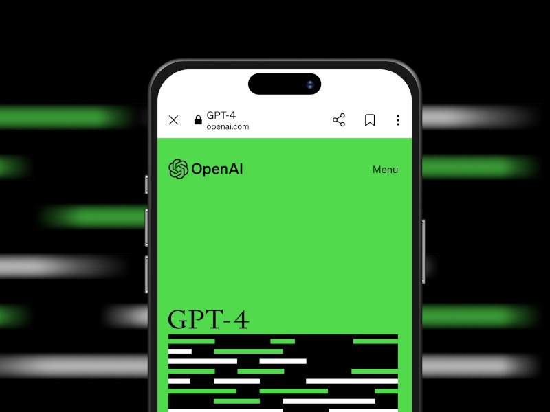 Black background with green and white streaks, a smartphone in the foreground with openai in the browser and a green homepage.