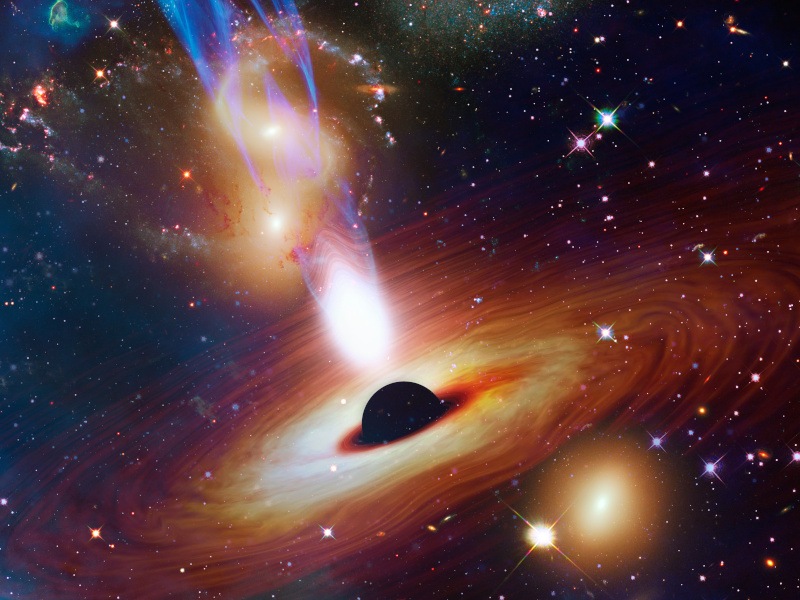 A galaxy with a black hole in the middle and an extremely bright quasar surrounding it.