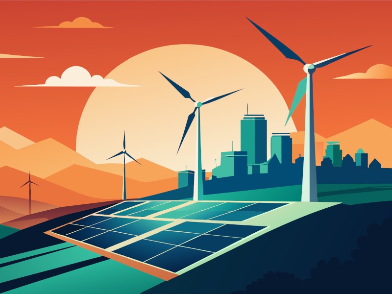 Vector illustration of wind turbines and solar panels with a dark city skyline and a burnt orange sky in the background.