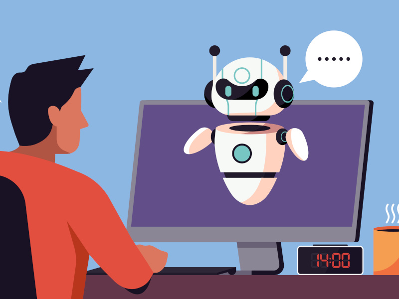 A cartoon image of a man sitting at a desktop. A robot is floating in front of the screen. The robot has a speech bubble.