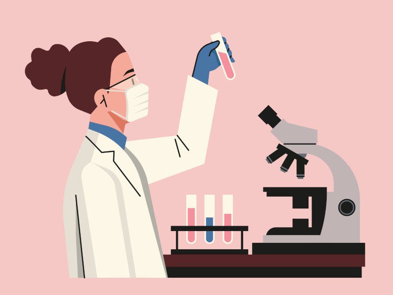 A pink background and a person in a lab coat looking at vials, a vector diagram.