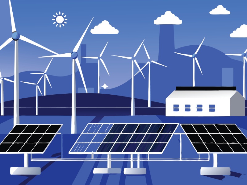 A cartoon image of a renewable energy grid, with connected solar panels and wind turbines.