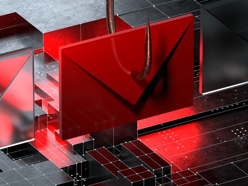 A black and read background with a red envelope representing an email and a hook attached to it.