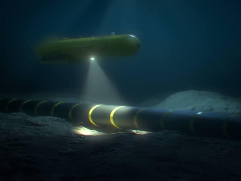 A 3D illustration of an autonomous underwater vehicle with a light shining on a black subsea cable running along the sea floor.