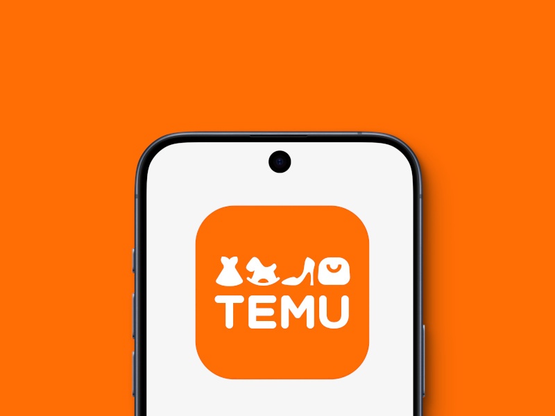 Bright orange background and the Temu logo on a smartphone in the centre.