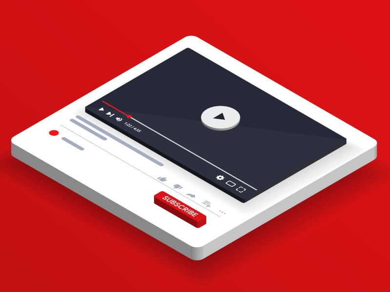 A vector image with a red background and a YouTube video page.