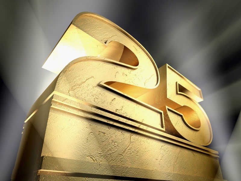 A 3D-style image of the number 25 in gold on a podium with spotlights and a dark background.