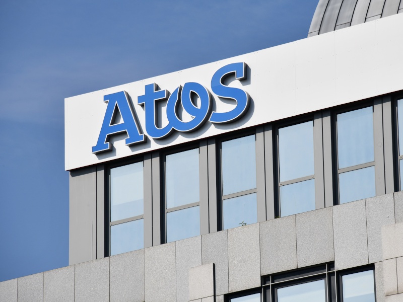 Atos' company logo on a building.