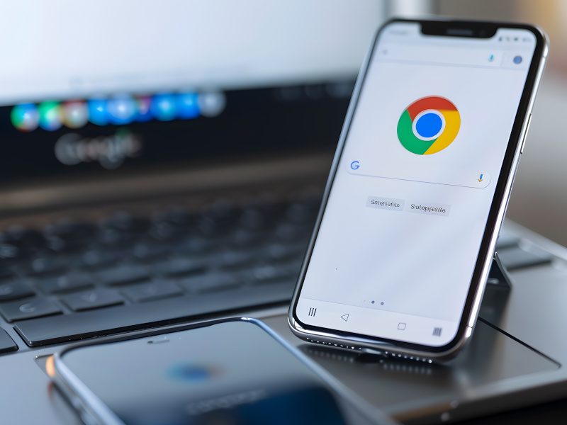 Two smartphones are seen resting on a laptop’s mouse area- one upright and one laid down. The upright phone is displaying the Google Chrome logo.