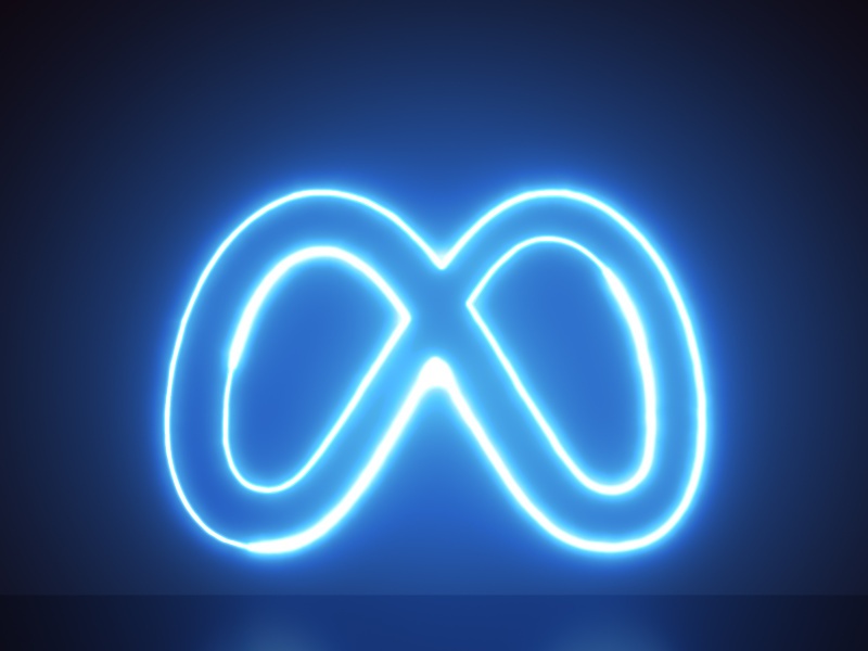 A glowing neon blue Meta logo against a black background.