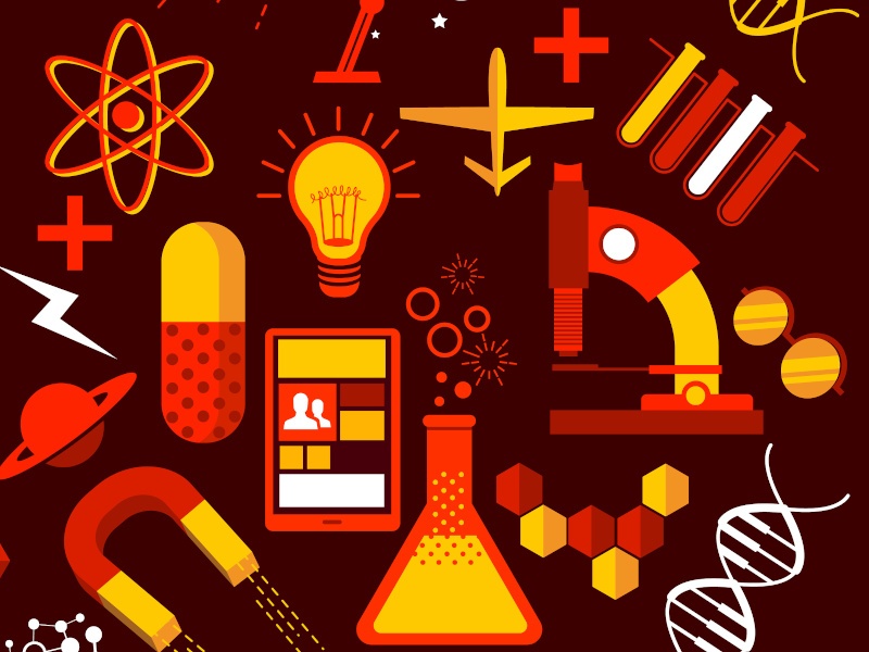 A digital collage of multiple images associated with science, including a microscope, a lightbulb, a magnet, a pill, and a beaker.