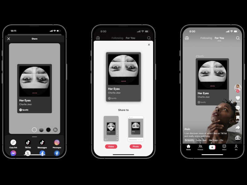 Black background, with three smartphone screens side by side showing TikToks.