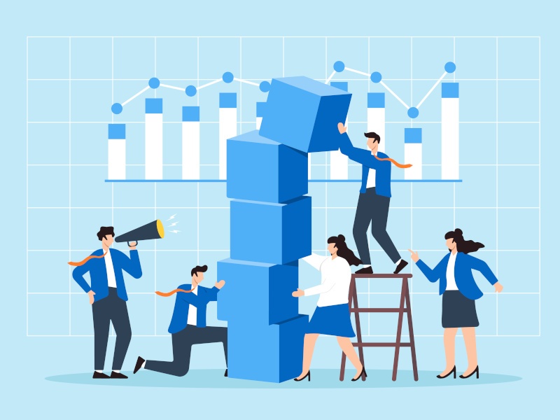 An illustration of workers stacking blue data blocks.