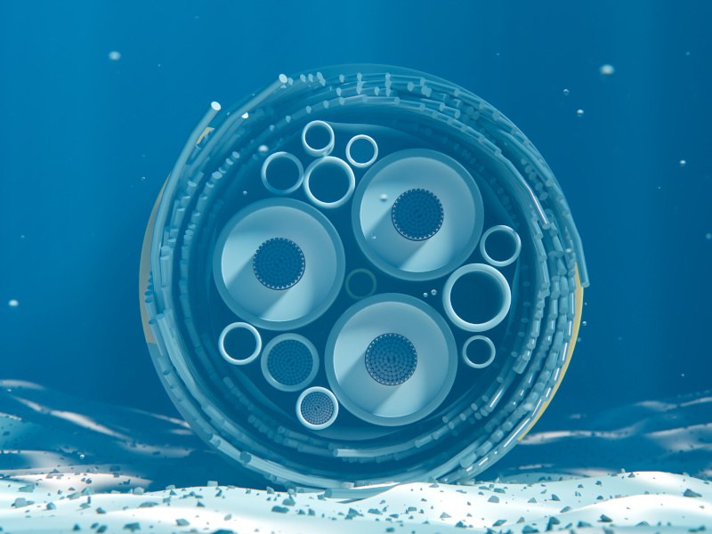 Section of an underwater internet communication cable on the seabed in the ocean.