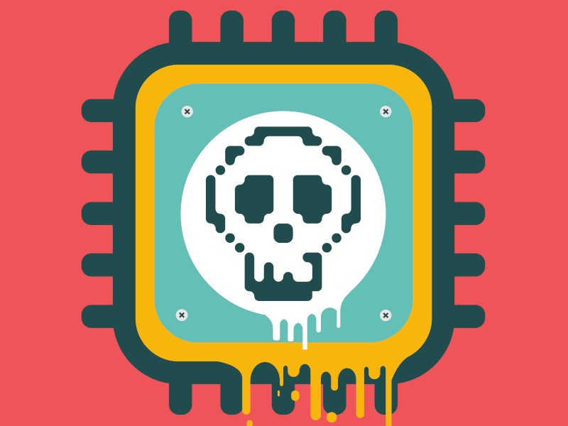 A digital design of a central processing unit with a digital skull in the centre. The borders of the unit are melting and dripping down the image.