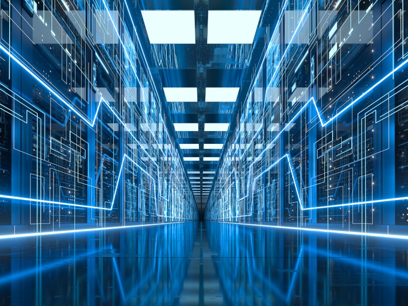 Server racks in computer network security server room data centre.