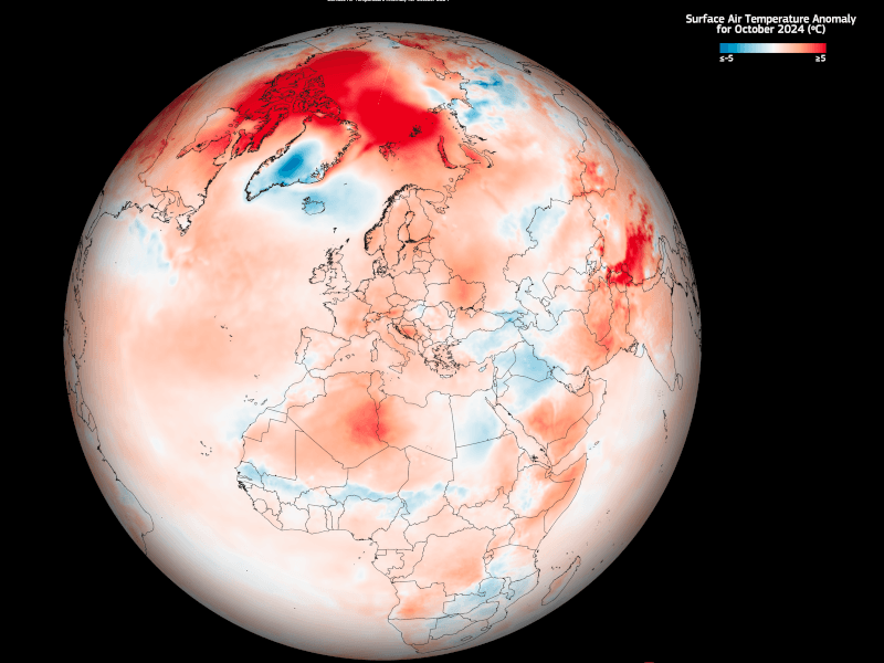 Black background and a heat map of Earth showing red and blue spots denoting temperatures.