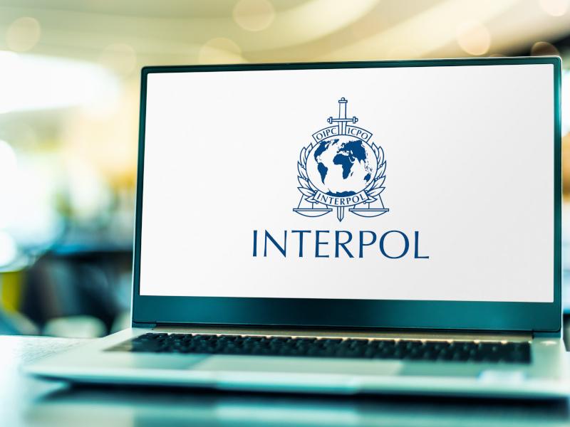 Interpol logo covering a laptop screen against a blurry bright office background.