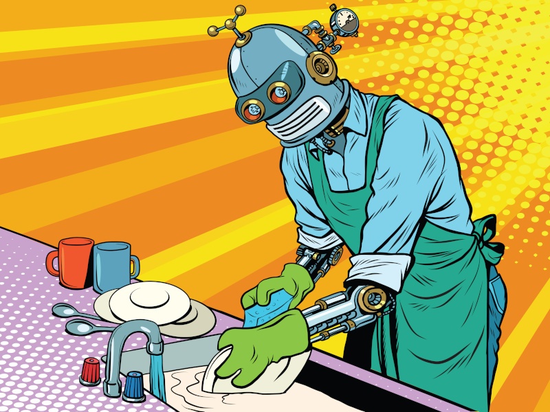 Colourful image of vintage worker robot washing dishes.