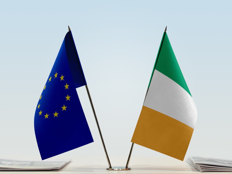 The EU and the Irish flag beside each other on a table.