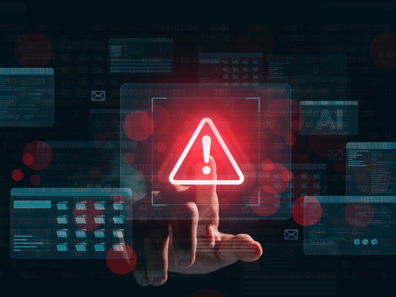 A hand touches a red warning sign, indicating a cyber threat.