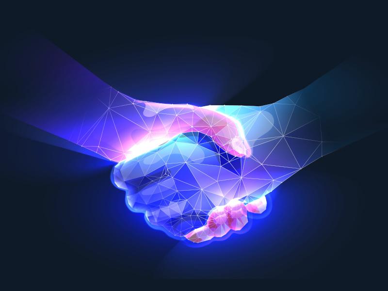 Two colourful hands intertwine, indicating a merger or acquisition.