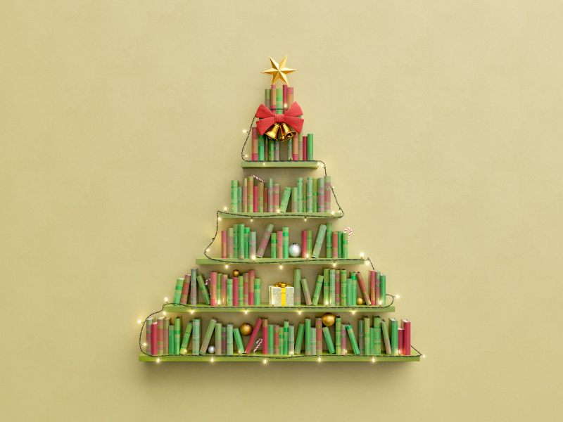 A digital image of multiple rows of book shelves in the shape of a Christmas tree, with a star on top.