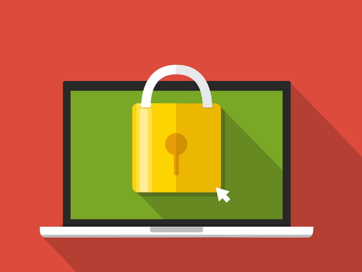 A cartoon image of a padlock in front of a laptop screen against a red background, symbolising safety tech.