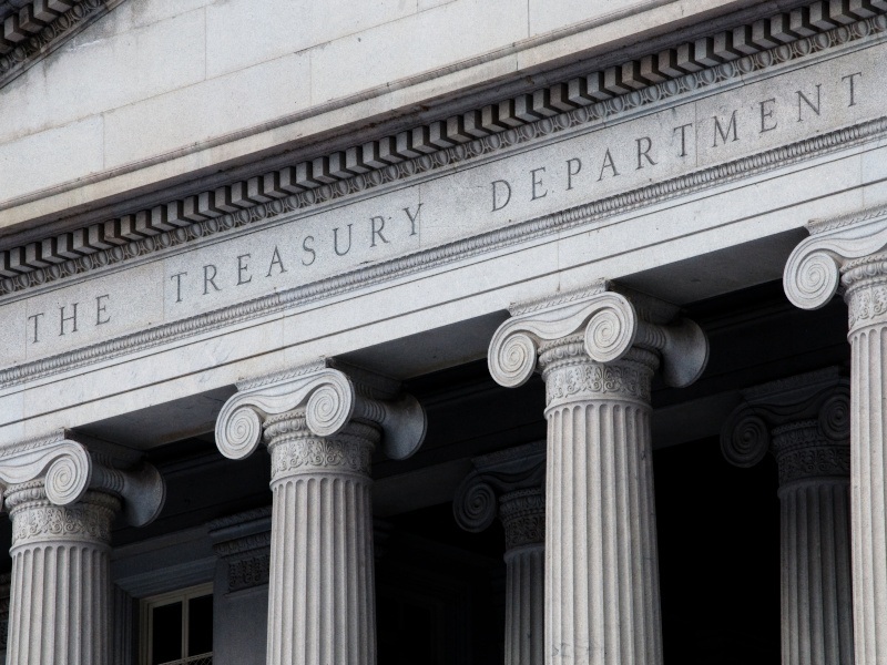 The United States Treasury Department building in Washington, DC.