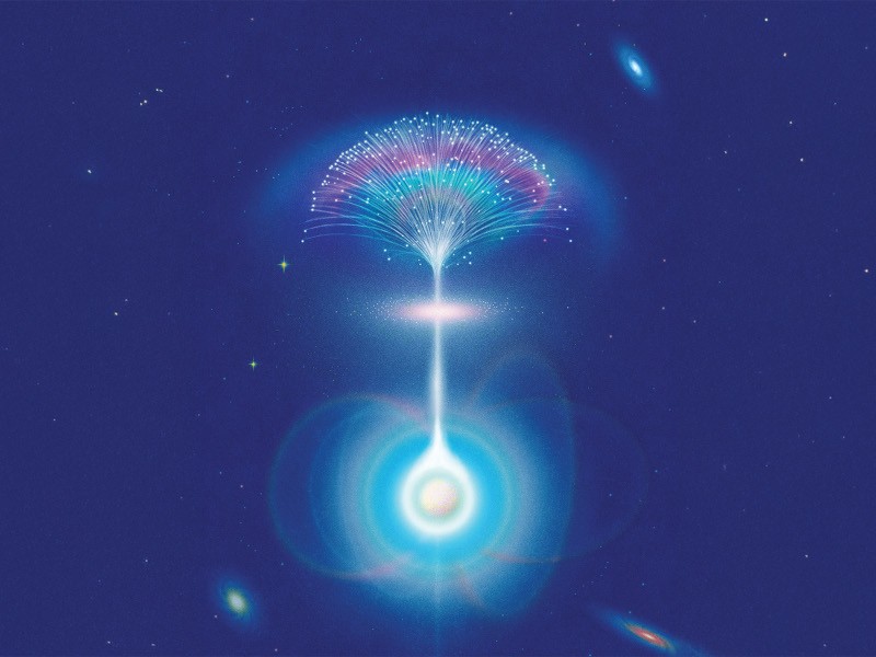 An artist's illustration of a neutron star emitting a fast radio beam from within its magnetic environment.