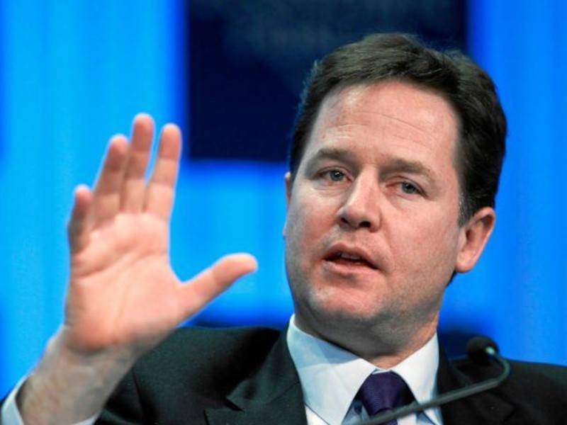 Former UK deputy prime minister Nick Clegg, gesturing with his hand while speaking at an event.