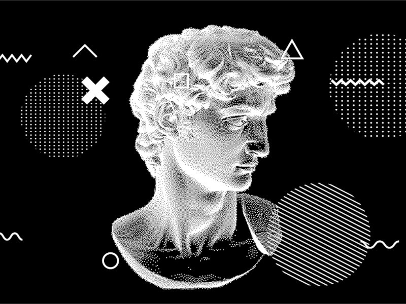 3D rendering of Michelangelo's David head in pixel art in black and white to show tech and art worlds merging.