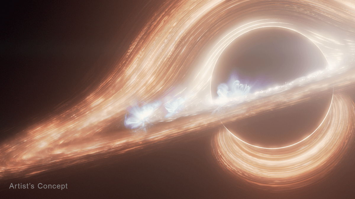 An artist's impression of super bright flares spiralling out of a black hole.